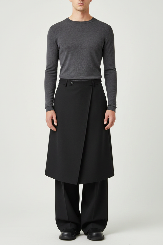 Pantalon Jupe Noir Superposé Ample Urbain Élégant - Gabardine