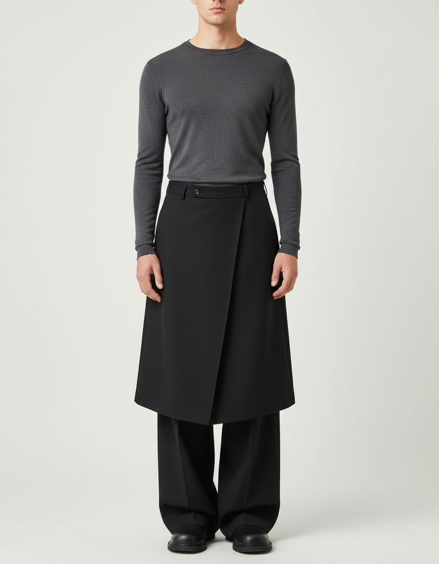 Pantalon Jupe Noir Superposé Ample Urbain Élégant - Gabardine