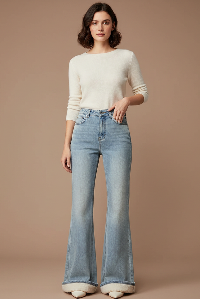 Pantalon Jupe Denim Bleu Évasé Taille Haute Doublé - Jean
