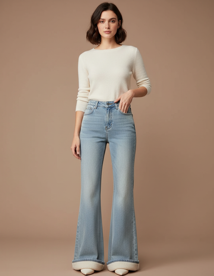 Pantalon Jupe Denim Bleu Évasé Taille Haute Doublé - Jean