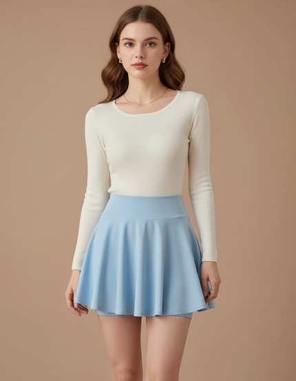 Pantalon Jupe Bleu Ciel Plissé Évasé Mini Décontracté - Polyester