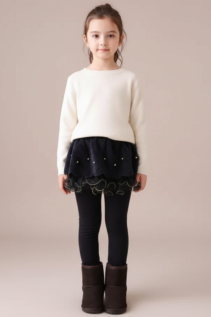 Pantalon Jupe Noir Superposé Perles Doux Fille - Molleton
