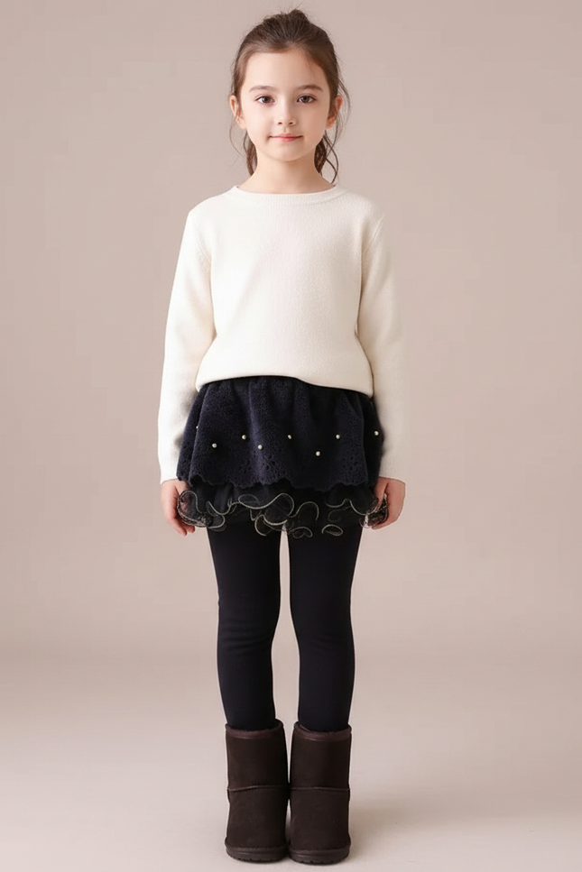 Pantalon Jupe Noir Superposé Perles Doux Fille - Molleton