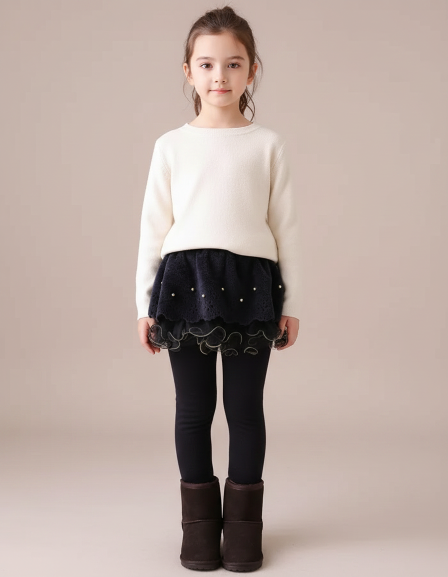Pantalon Jupe Noir Superposé Perles Doux Fille - Molleton