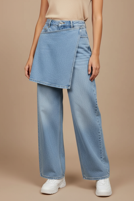 Pantalon Jupe Jean Bleu Clair Ample Décontracté