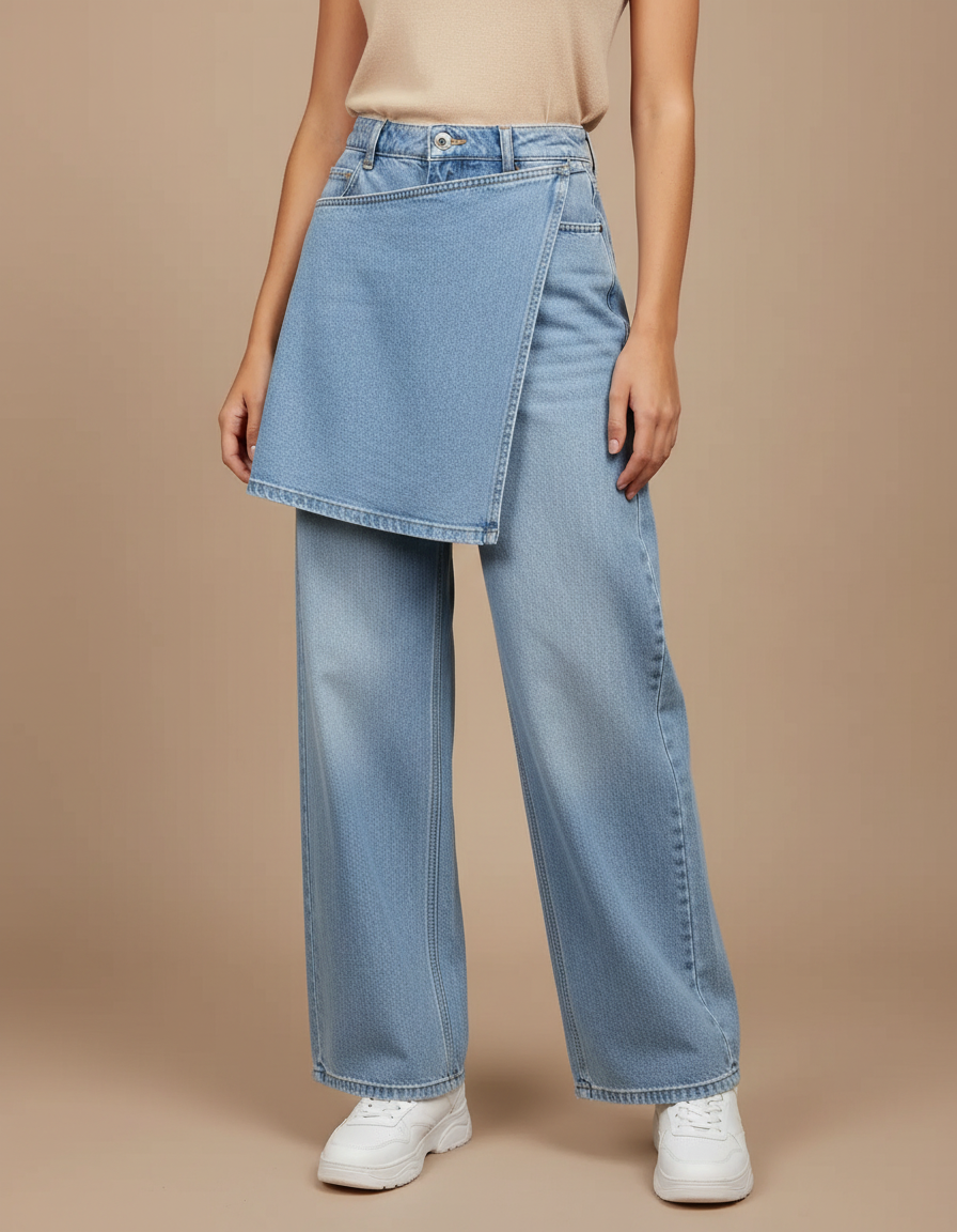 Pantalon Jupe Jean Bleu Clair Ample Décontracté