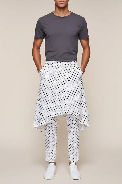 Pantalon Jupe Blanc Pois Noir Asymétrique Décontracté - Coton