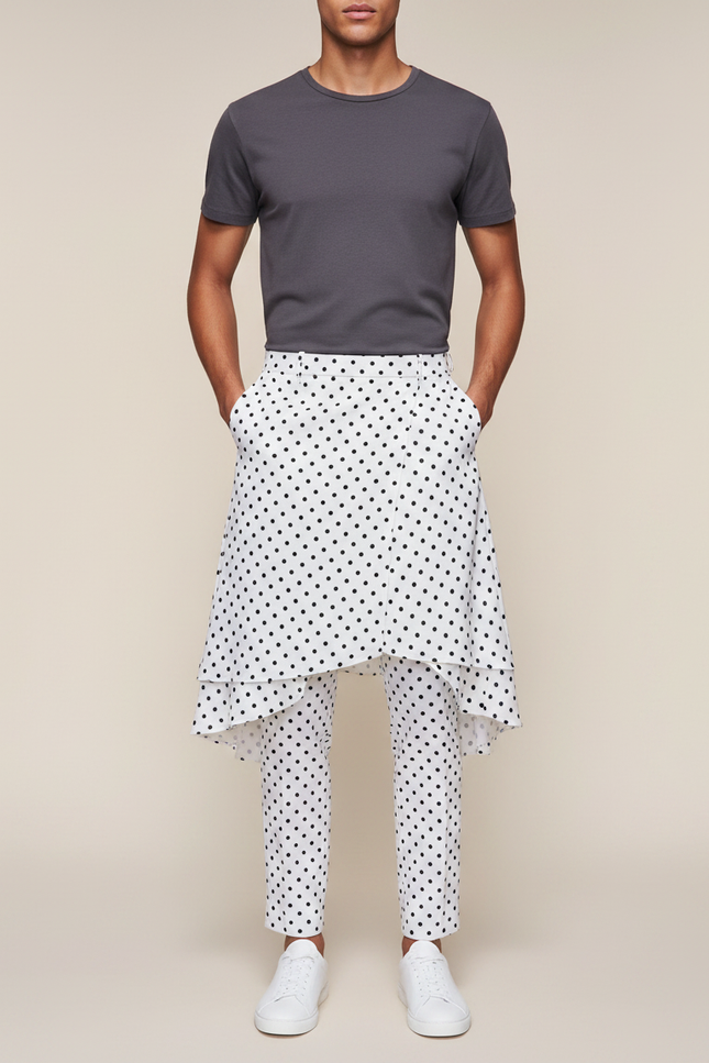 Pantalon Jupe Blanc Pois Noir Asymétrique Décontracté - Coton