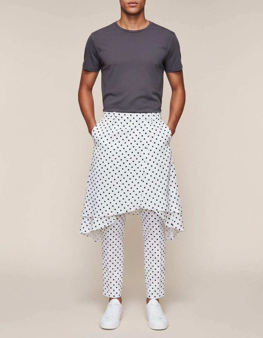 Pantalon Jupe Blanc Pois Noir Asymétrique Décontracté - Coton