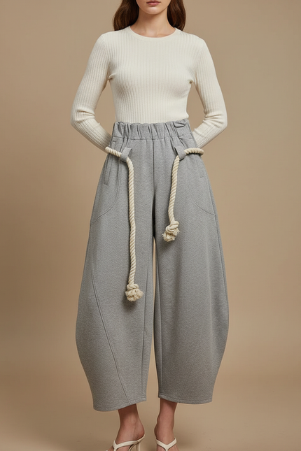 Pantalon Jupe Gris Ample Décontracté Corde Tressée - Molleton