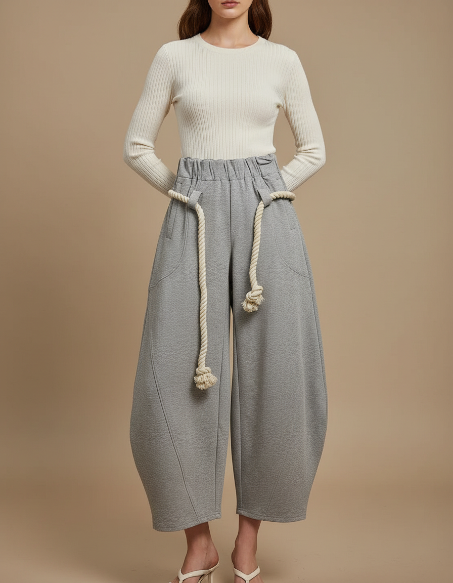 Pantalon Jupe Gris Ample Décontracté Corde Tressée - Molleton