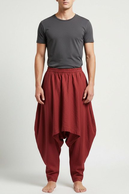 Pantalon Jupe Rouge Brique Coton Lin Ample Homme - Bordeaux