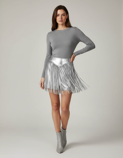 Pantalon Jupe Métallisé Franges Argenté Scintillant Clubwear - Simili cuir
