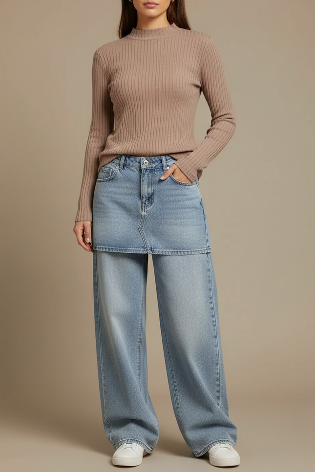 Pantalon Jupe Jean Bleu Ample Déstructuré Décontracté