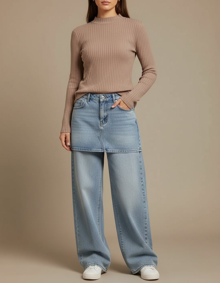 Pantalon Jupe Jean Bleu Ample Déstructuré Décontracté