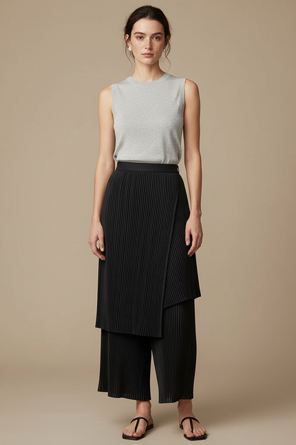 Pantalon Jupe Noir Plissé Asymétrique Fluide Élégant - Polyester