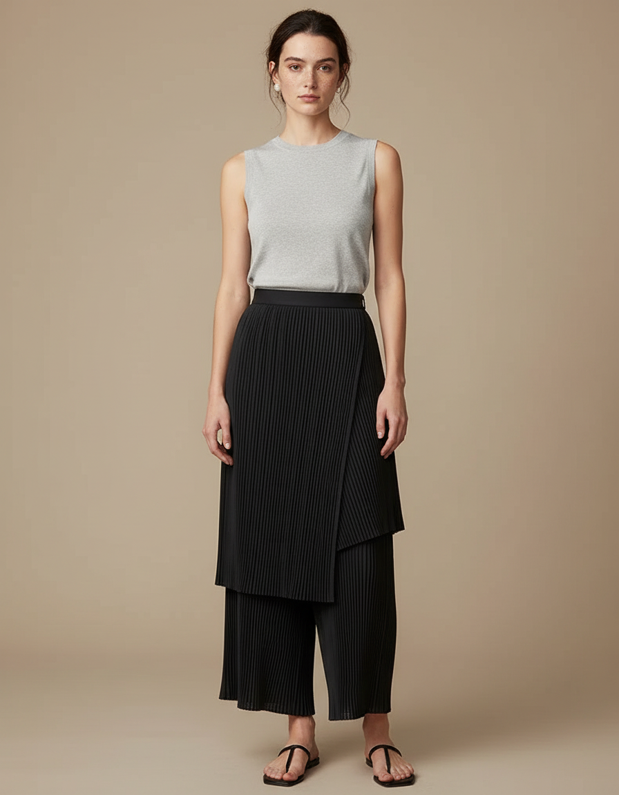 Pantalon Jupe Noir Plissé Asymétrique Fluide Élégant - Polyester