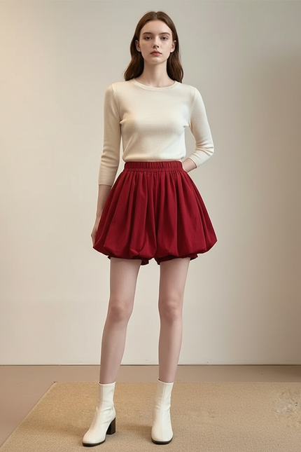 Pantalon Jupe Rouge Ballon Taille Haute Courte Élégante - Toile