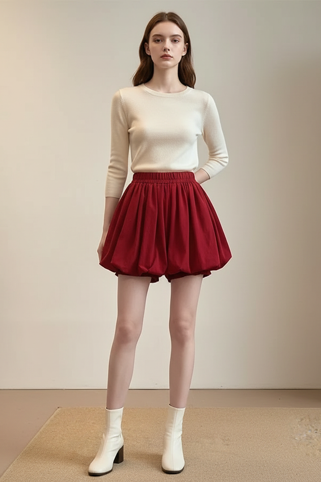Pantalon Jupe Rouge Ballon Taille Haute Courte Élégante - Toile
