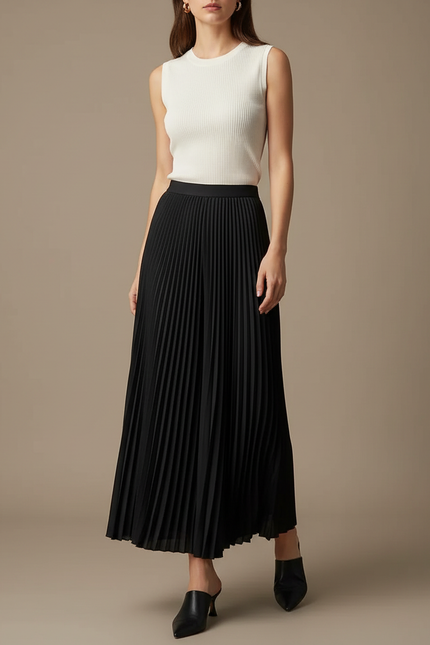 Pantalon Jupe Noir Plissé Long Évasé Élégant - Polyester