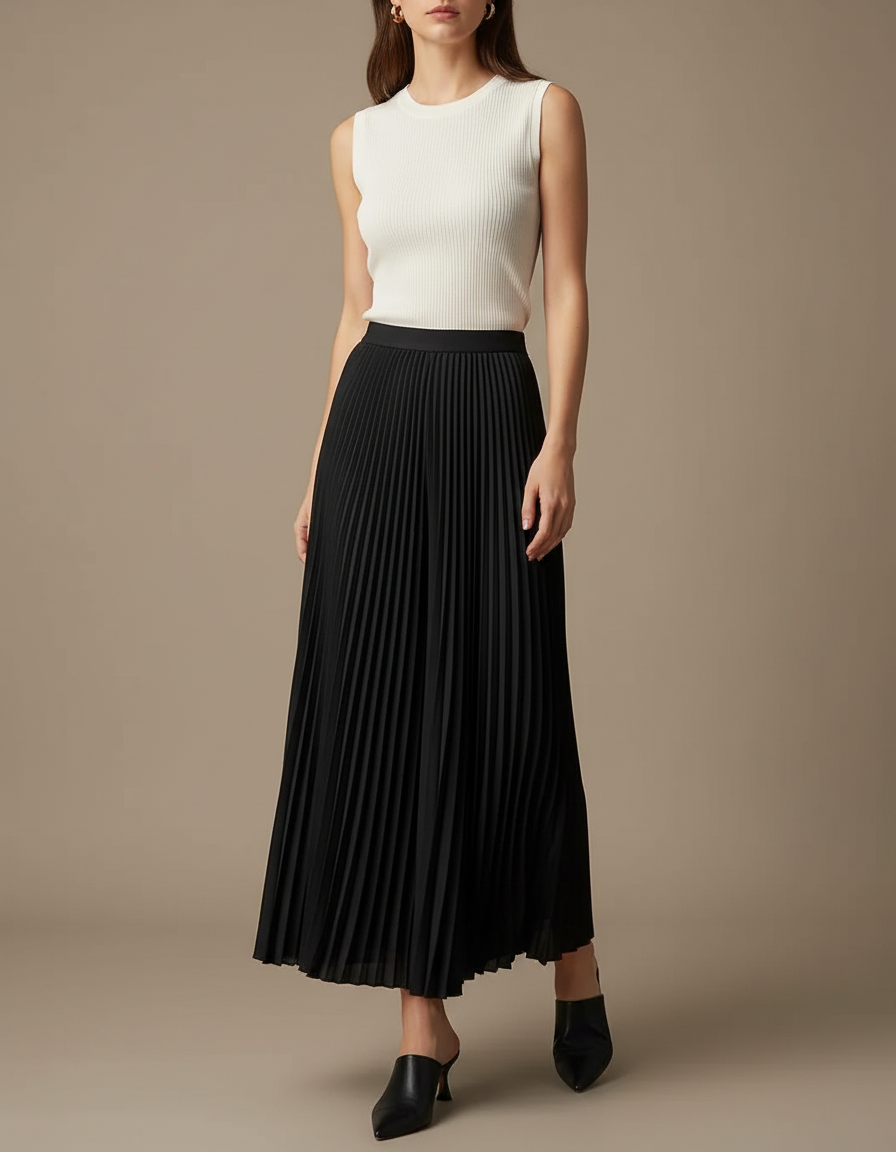 Pantalon Jupe Noir Plissé Long Évasé Élégant - Polyester