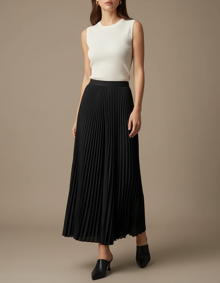 Pantalon Jupe Noir Plissé Long Évasé Élégant - Polyester