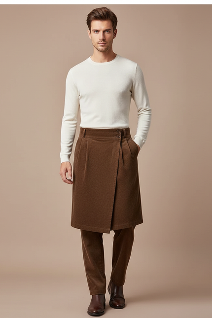 Pantalon Jupe Marron Velours Plissé Superposé Homme - Cordé