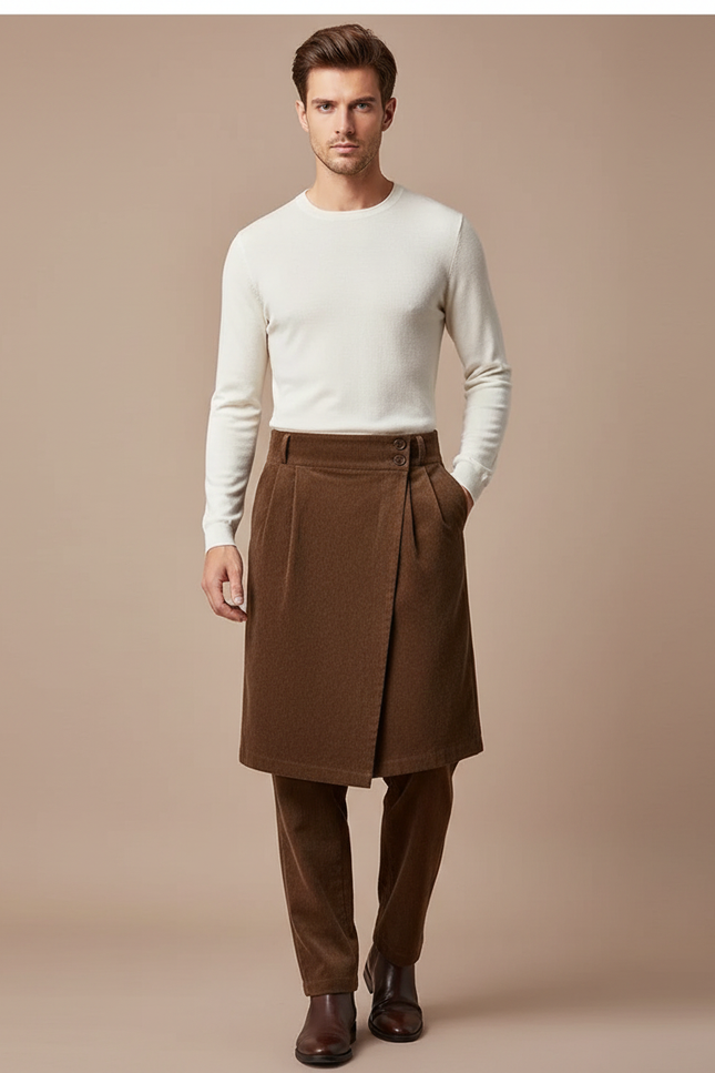 Pantalon Jupe Marron Velours Plissé Superposé Homme - Cordé