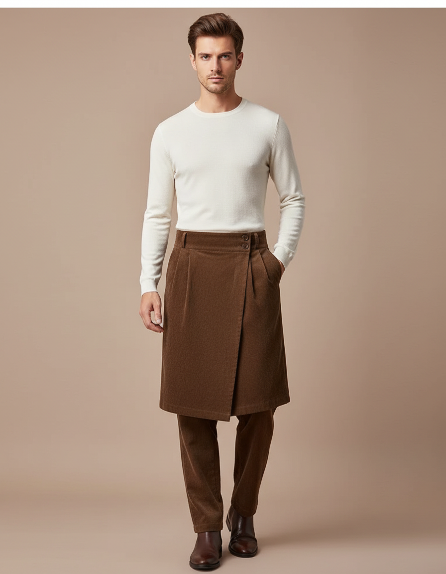 Pantalon Jupe Marron Velours Plissé Superposé Homme - Cordé