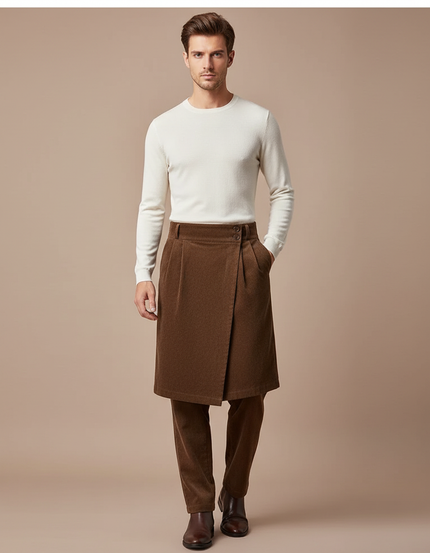 Pantalon Jupe Marron Velours Plissé Superposé Homme - Cordé