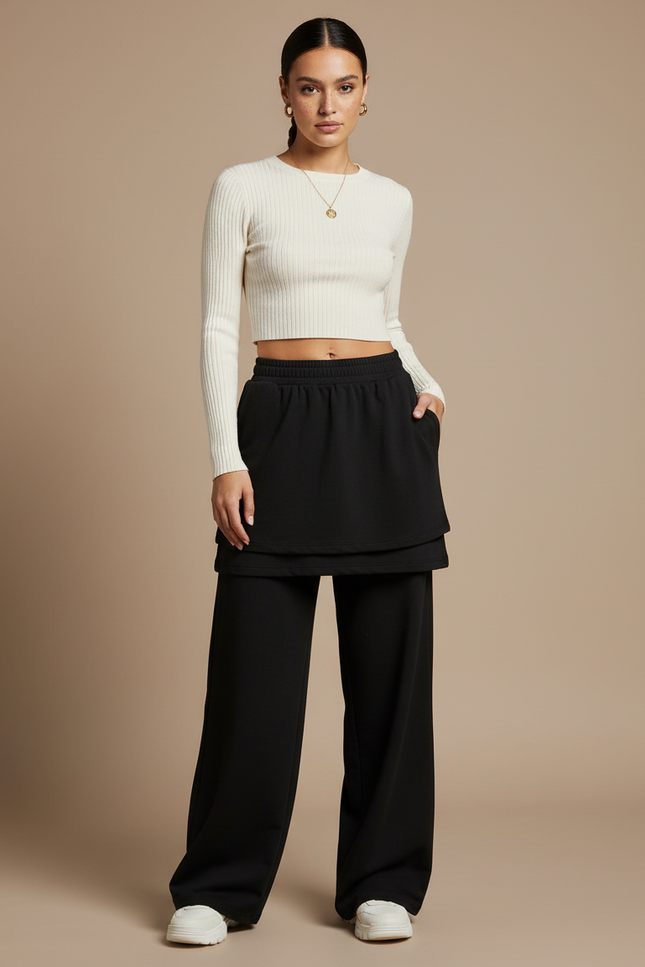 Pantalon Jupe Noir Ample Superposé Décontracté - Molleton