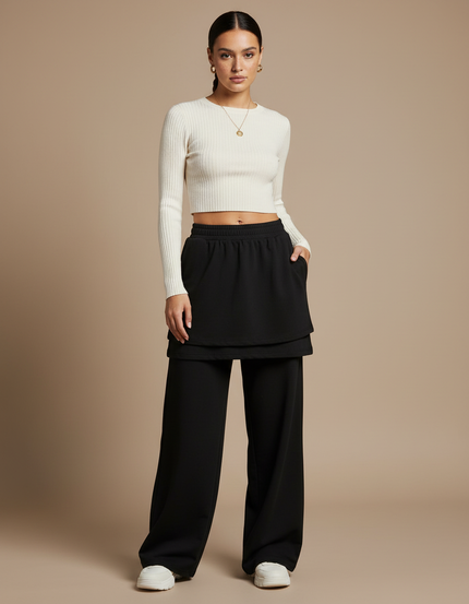 Pantalon Jupe Noir Ample Superposé Décontracté - Molleton