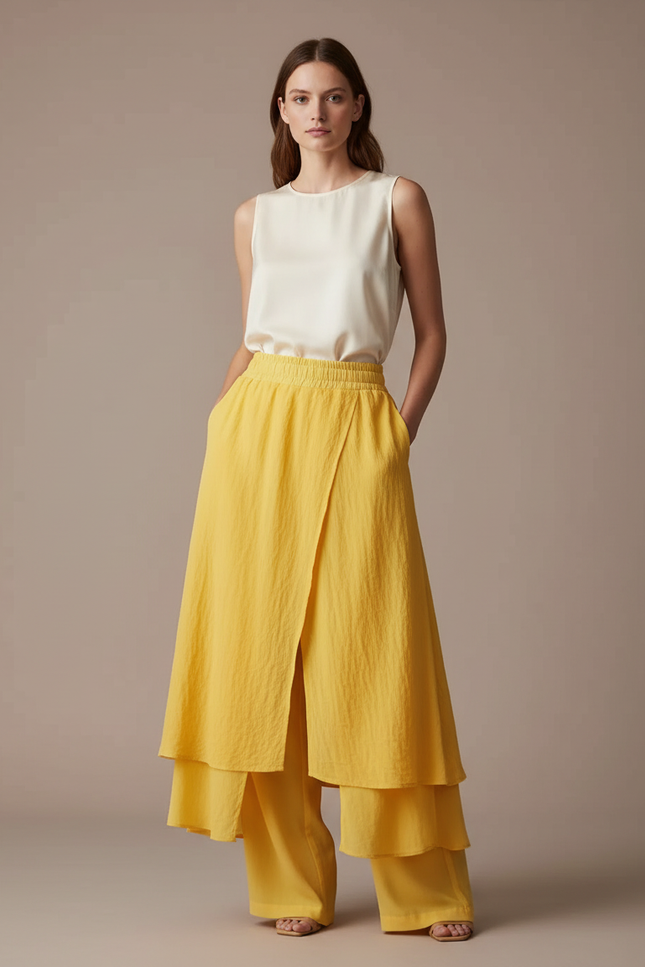 Pantalon Jupe Jaune Superposé Fluide Élégant Femme - Lin