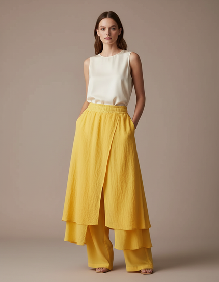 Pantalon Jupe Jaune Superposé Fluide Élégant Femme - Lin