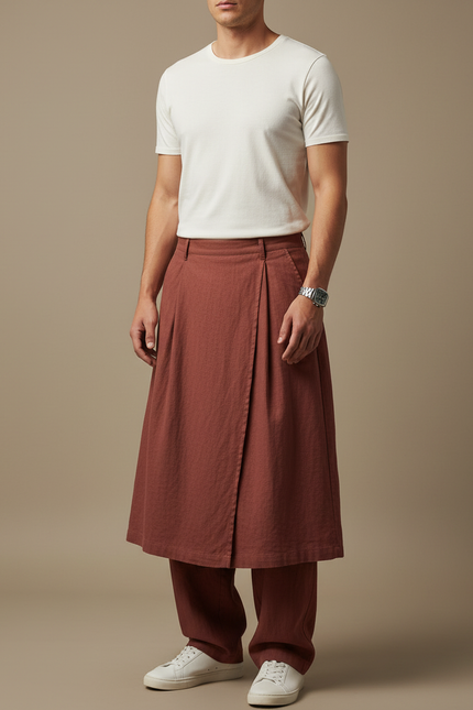 Pantalon Jupe Marron Ample Superposé Lin Décontracté