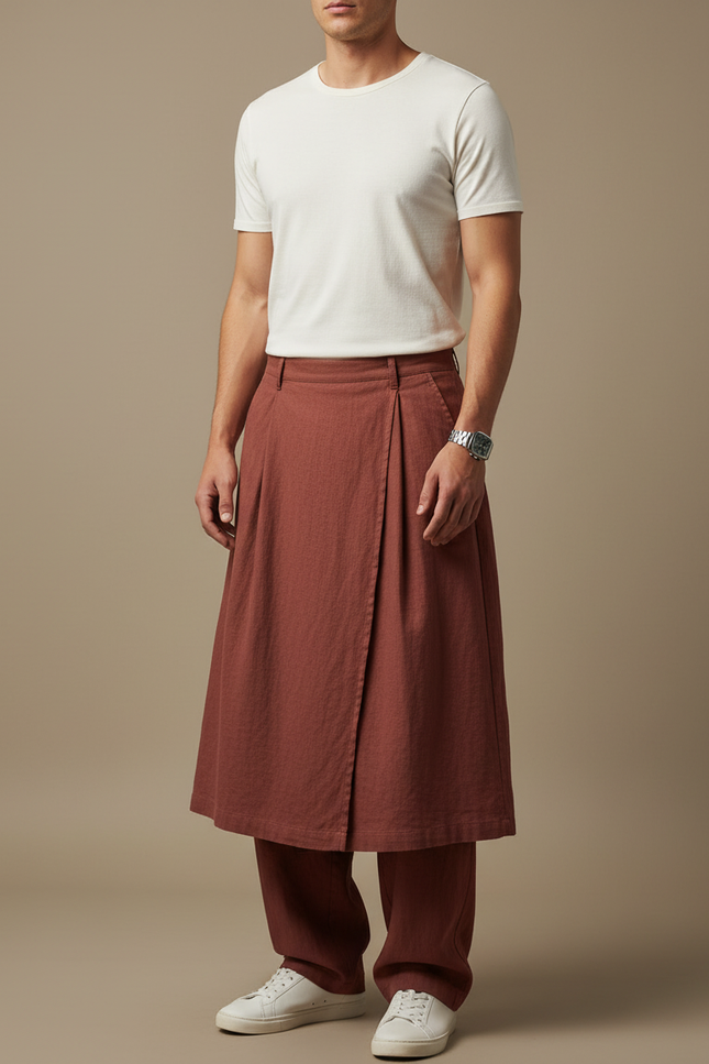 Pantalon Jupe Marron Ample Superposé Lin Décontracté