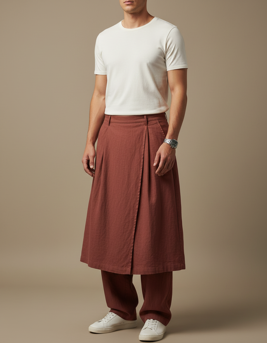 Pantalon Jupe Marron Ample Superposé Lin Décontracté
