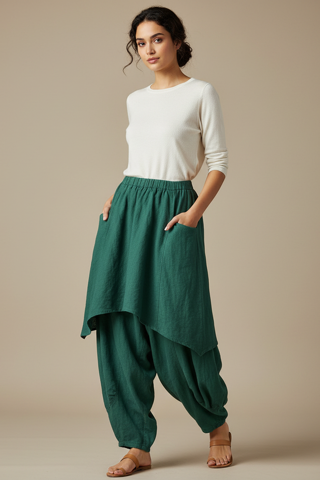 Pantalon Jupe Vert Lin Ample Superposé Confortable