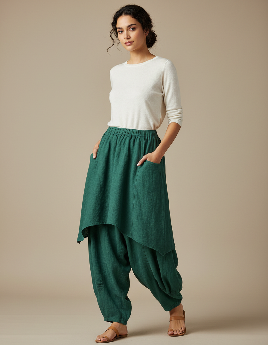 Pantalon Jupe Vert Lin Ample Superposé Confortable