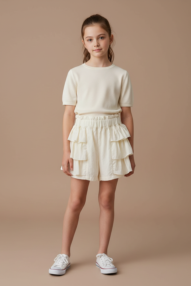 Pantalon Jupe Écru Volants Superposés Fille Coton - Blanc