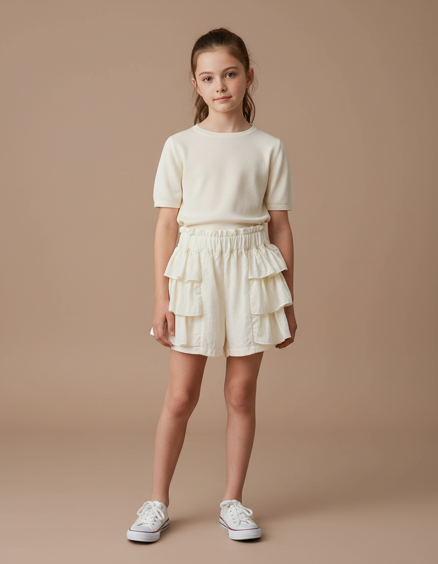 Pantalon Jupe Écru Volants Superposés Fille Coton - Blanc