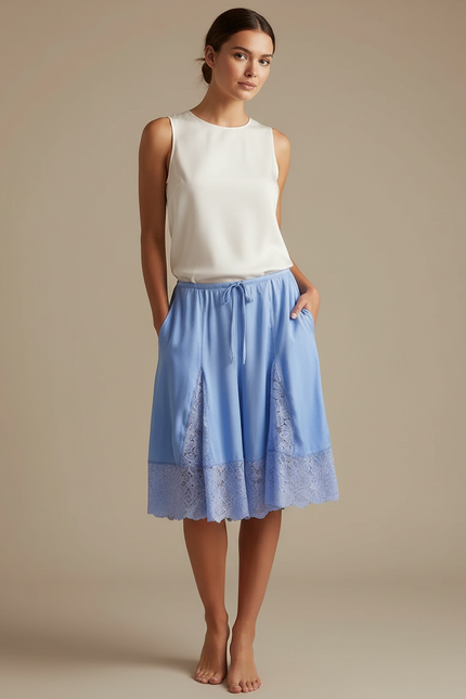 Pantalon Jupe Bleu Dentelle Fluide Ample Élégant - Viscose