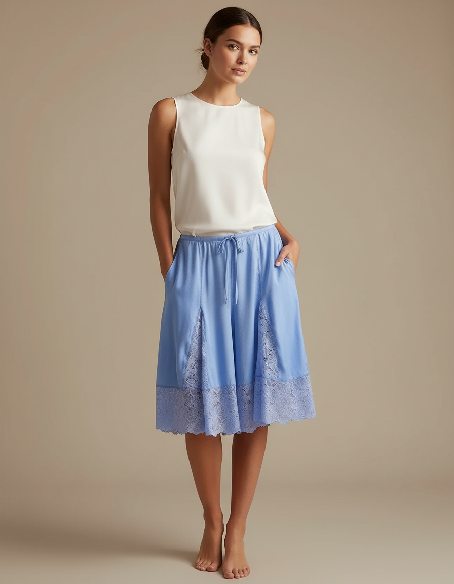 Pantalon Jupe Bleu Dentelle Fluide Ample Élégant - Viscose