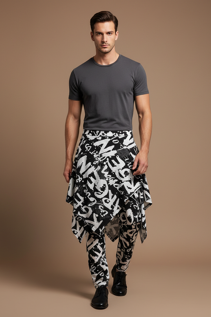 Pantalon Jupe Noir Blanc Asymétrique Imprimé Graphique - Polyester