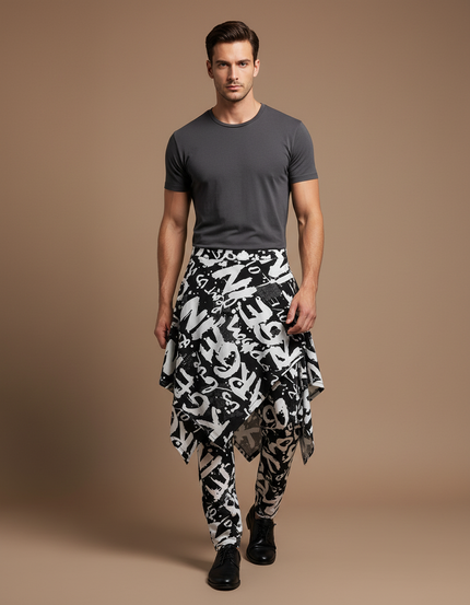 Pantalon Jupe Noir Blanc Asymétrique Imprimé Graphique - Polyester