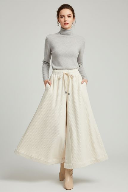 Pantalon Jupe Crème Côtelé Ample Décontracté Fluide - Beige Cordé