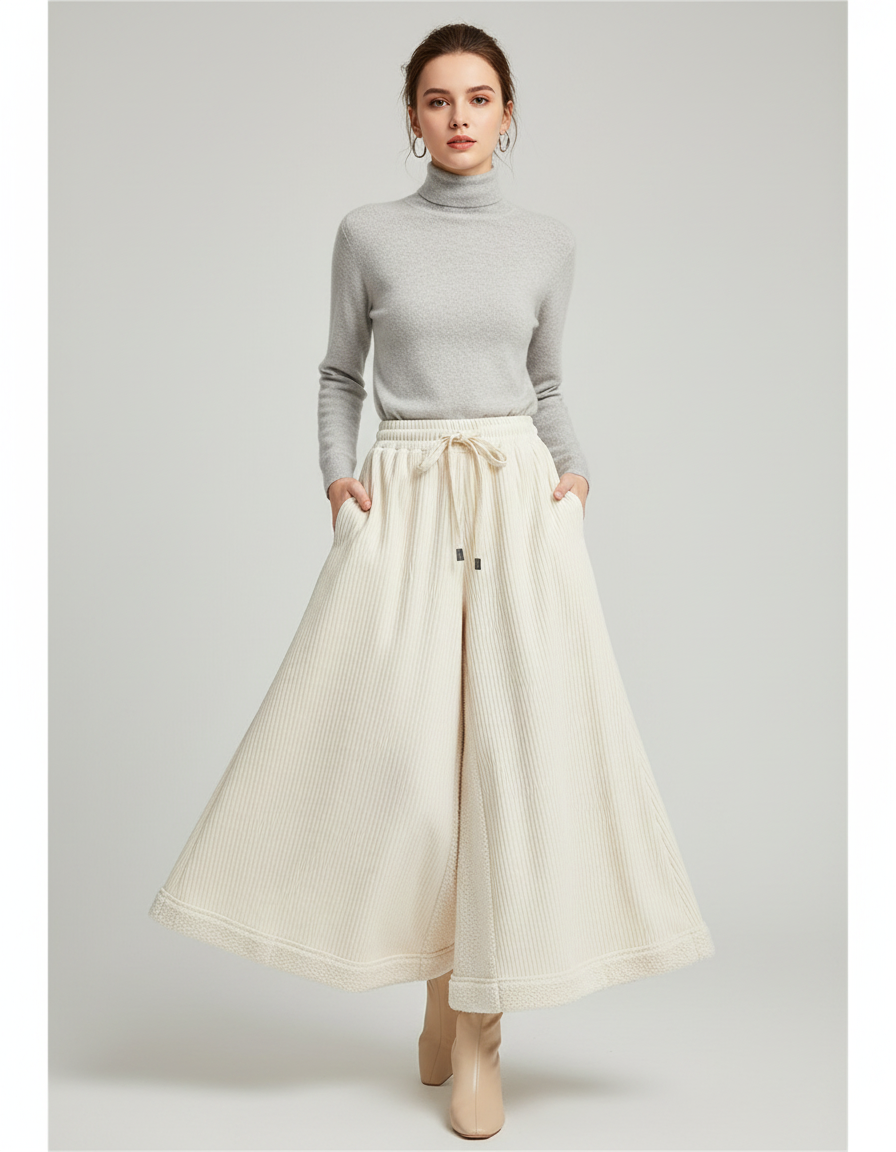 Pantalon Jupe Crème Côtelé Ample Décontracté Fluide - Beige Cordé