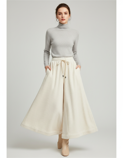 Pantalon Jupe Crème Côtelé Ample Décontracté Fluide - Beige Cordé