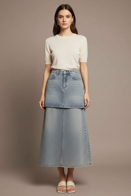Pantalon Jupe Jean Bleu Clair Superposé Long Décontracté