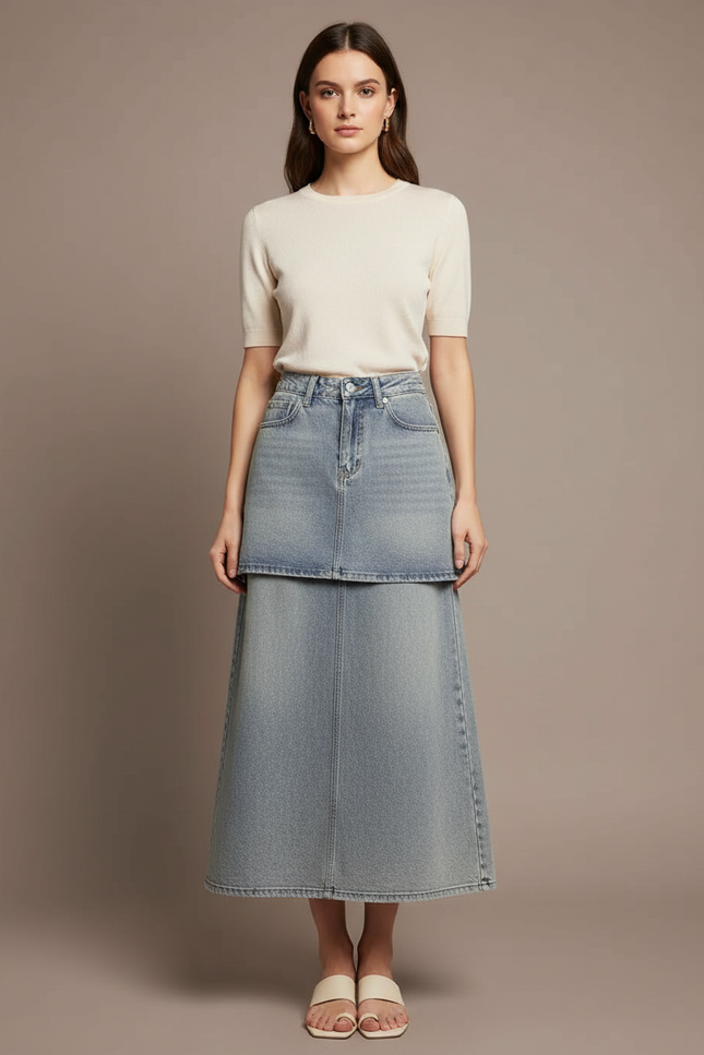 Pantalon Jupe Jean Bleu Clair Superposé Long Décontracté
